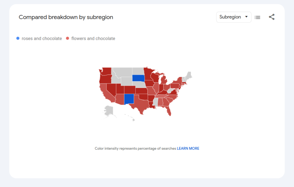 Screenshot. Regions and subregions. Trends.Google.com.